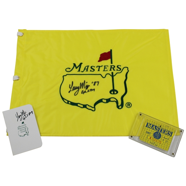 Larry Mize Signed Masters Flag (w/Inscr.) & ANGC Scorecard with 1987 Masters SERIES Badge JSA ALOA