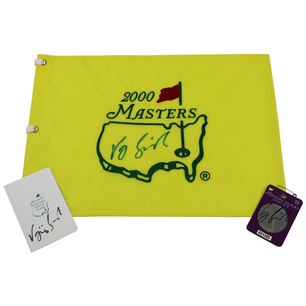 Vijay Singh Signed 2000 Masters Flag, ANGC Scorecard & 2000 Masters SERIES Badge JSA ALOA