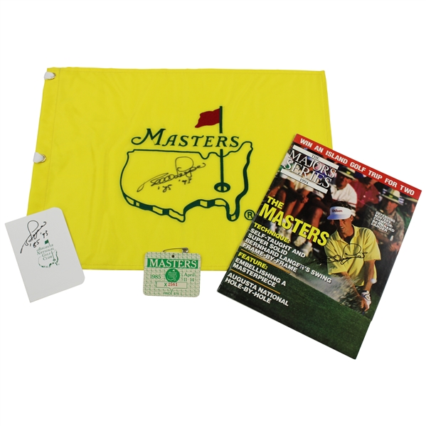 Bernhard Langer Signed Masters Flag (w/Dates), Majors Series & ANGC Scorecard with 1985 Masters SERIES Badge JSA ALOA