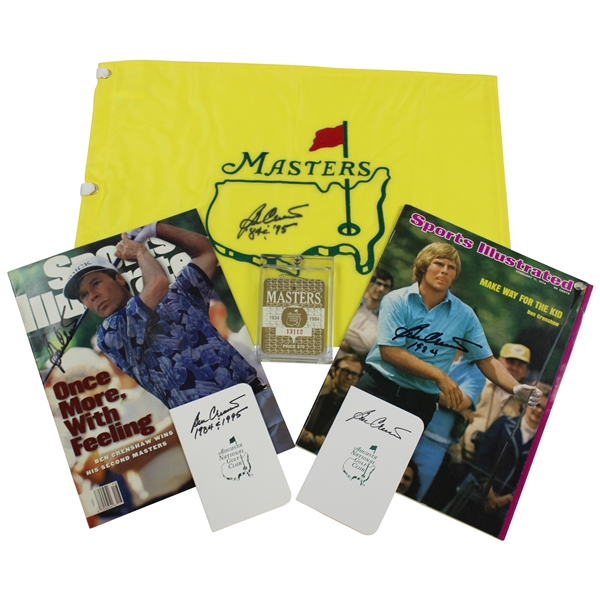 Ben Crenshaw Signed Masters Flag (w/Dates), 2 SIs & 2 ANGC Scorecards with 1984 Masters SERIES Badge JSA ALOA