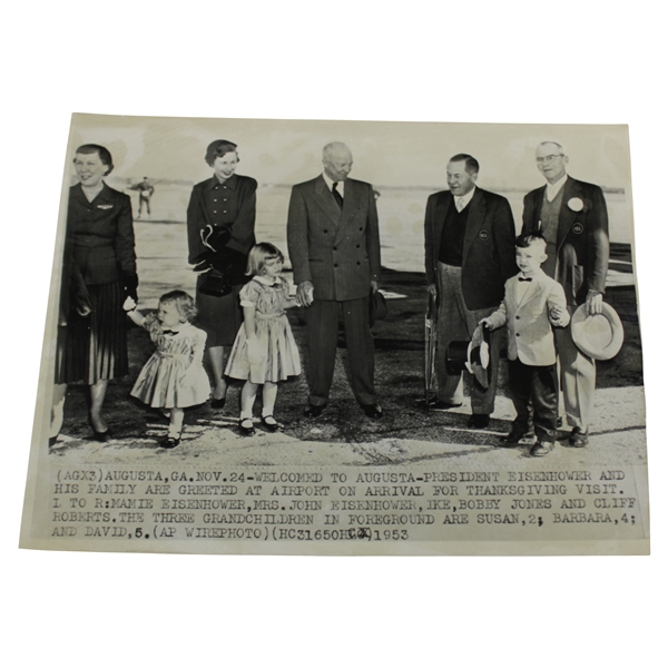 Bobby Jones & Family Welcome President Eisenhower to Augusta 1953 AP Wire Photo