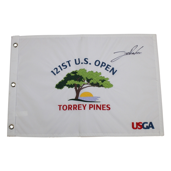 Jon Rahm Signed 2021 US Open at Torrey Pines White Embroidered Flag JSA ALOA