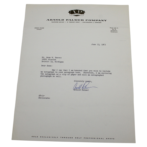 Arnold Palmer Signed June 13, 1963 Typed Letter on Palmer Company Letterhead JSA ALOA
