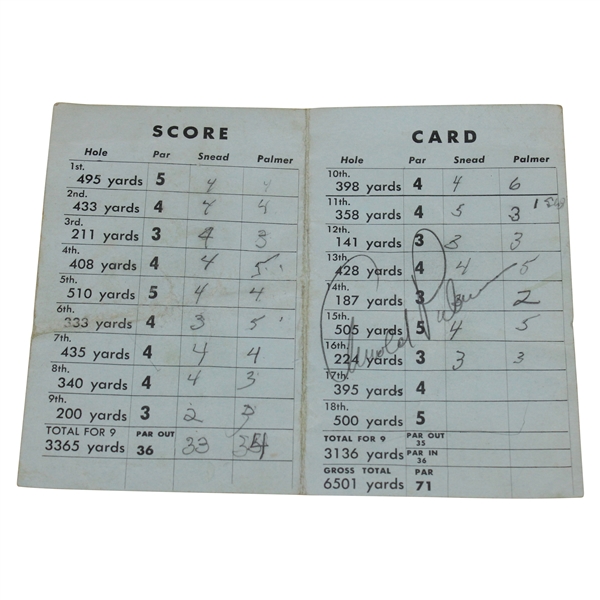 Arnold Palmer Signed 1960 Sam Snead vs Arnold Palmer Exhibition at Quidnessett G&CC Scorecard JSA ALOA