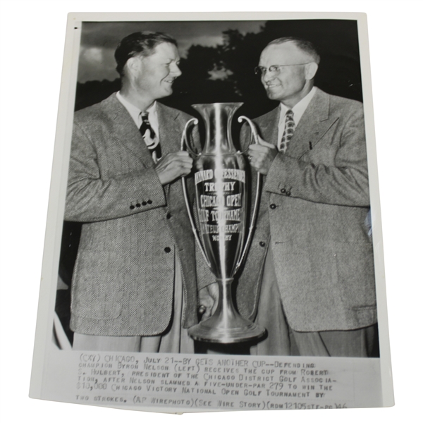 Byron Nelson Defending Champ with Trophy for Chicago Victory National Open 1946 A.P Wire Photo