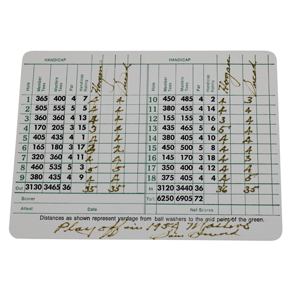 Sam Snead Signed Playoff in 1954 Masters Over Ben Hogan Scored & Inscribed Scorecard JSA FULL #Y84135