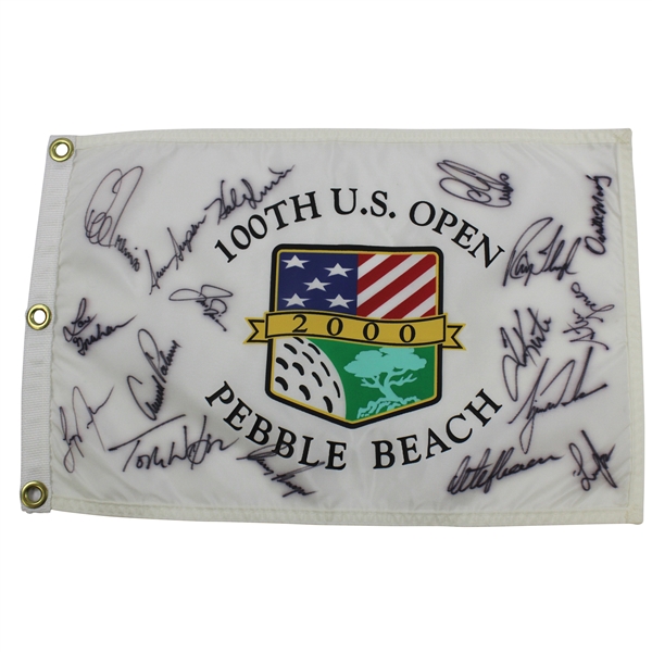 Tiger Woods & Big Three with other US Open Champs Signed 2000 US Open Pebble Beach Flag JSA ALOA