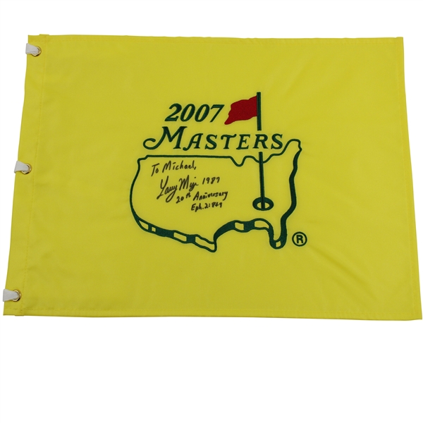 Larry Mize Signed 2007 Masters Tournament Embroidered Flag with 20th Ann. & Scripture JSA ALOA