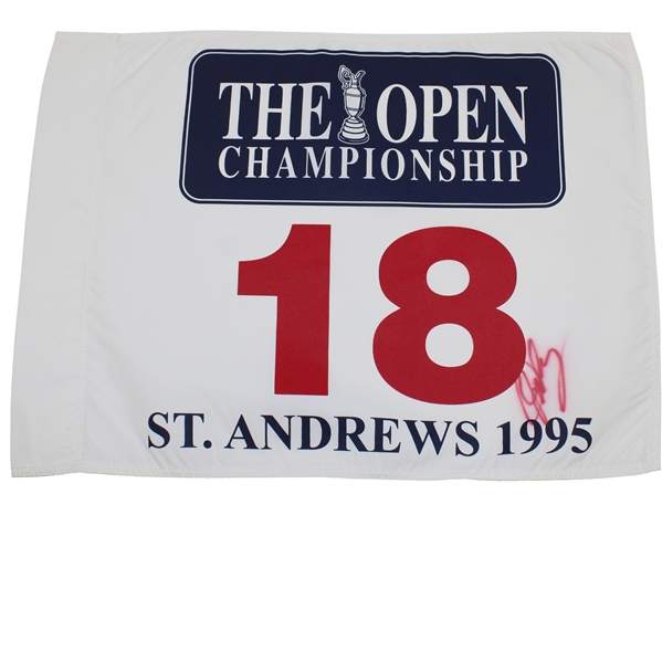 John Daly Signed 1995 The OPEN at St. Andrews White Screen Flag JSA ALOA