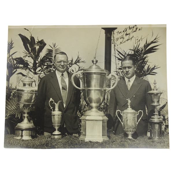 Bobby Jones Signed to OB Keeler Grand Slam Trophies & Walker Trophy Photo with Keeler FULL PSA #AI06349