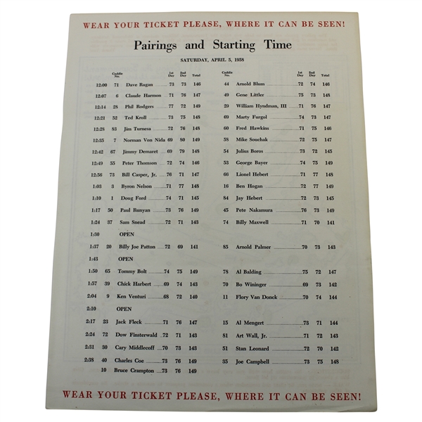 1958 Masters Tournament Saturday Pairing & Starting Time Sheet - Palmer First Masters Win