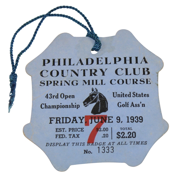 1939 US Open at Philadelphia CC Friday Ticket #1333 with Original String (Nelson, Wood, Shute Playoff)