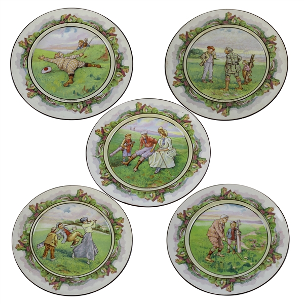 Complete Matched Set of Five (5) Bridgwood Golf Scene Plates