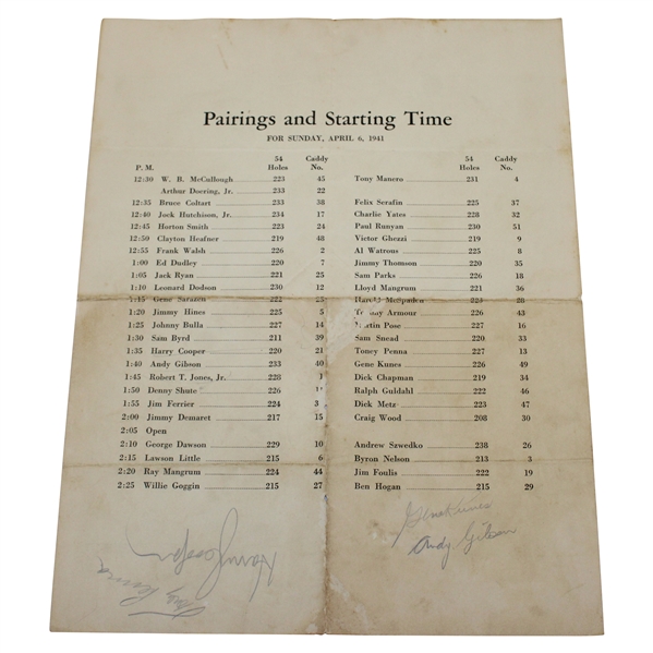 1941 Masters Final Rd Pairing Sheet Signed by Cooper, Penna, Gibson & Kunes JSA ALOA