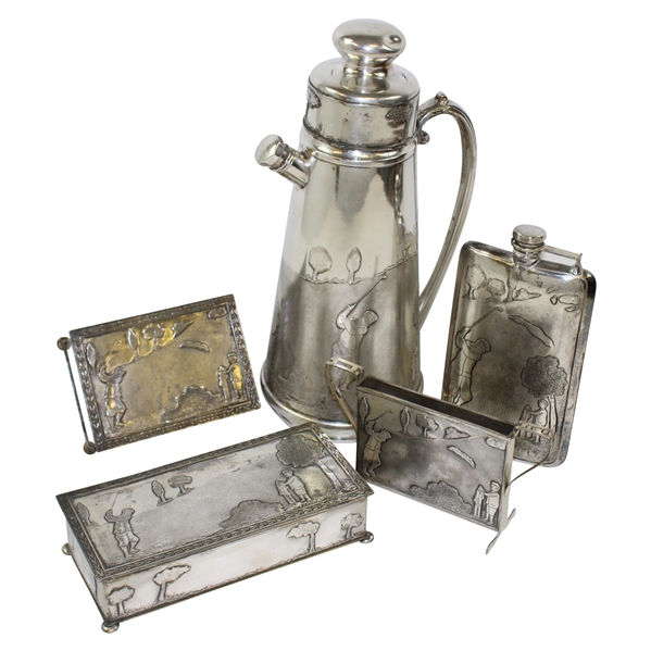 Five Apollo Silver Co. Art Deco Items - Pitcher, Wood Lined Cigar Box (x2), Flask & Cigarette Holder w/Two Handles