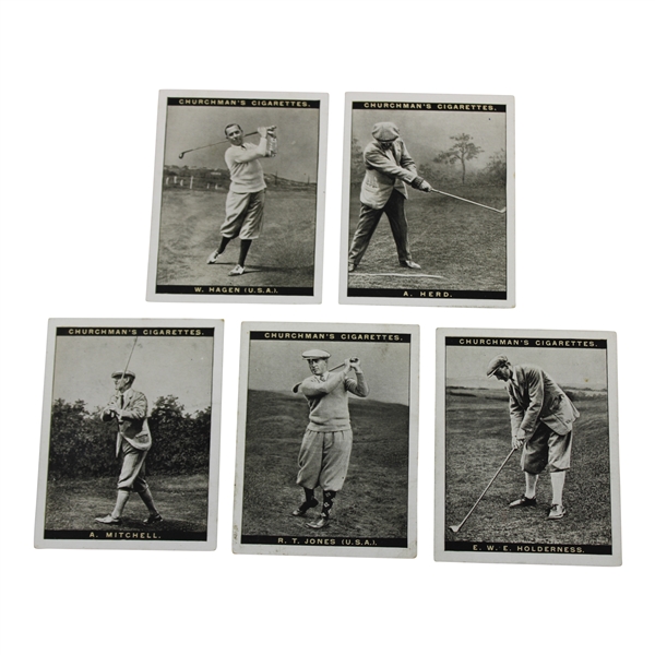 Five (5) Churchmans Cigarettes Golf Cards - Jones, Hagen, Mitchell, Holderness & Heng