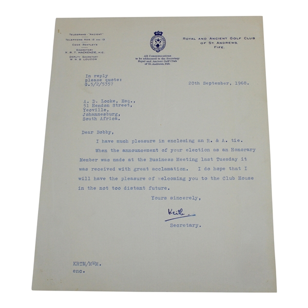 1968 Royal & Ancient Golf Club Letter to Bobby Locke - Honorary Member content