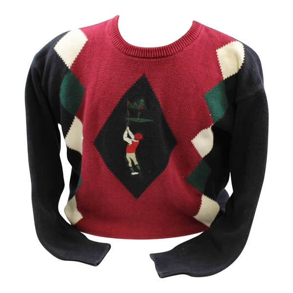 Classic Vintage Lord & Taylor Knit Mens Red, Green, White, & Black Diamond Pattern Sweater