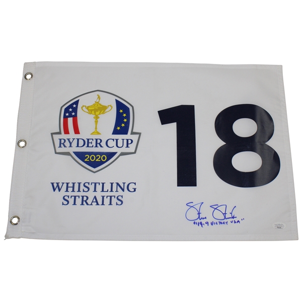 Steve Stricker Signed 2020 Ryder Cup at Whistling Straits Flag w/19-9 Victory USA Inscription JSA #TT65192