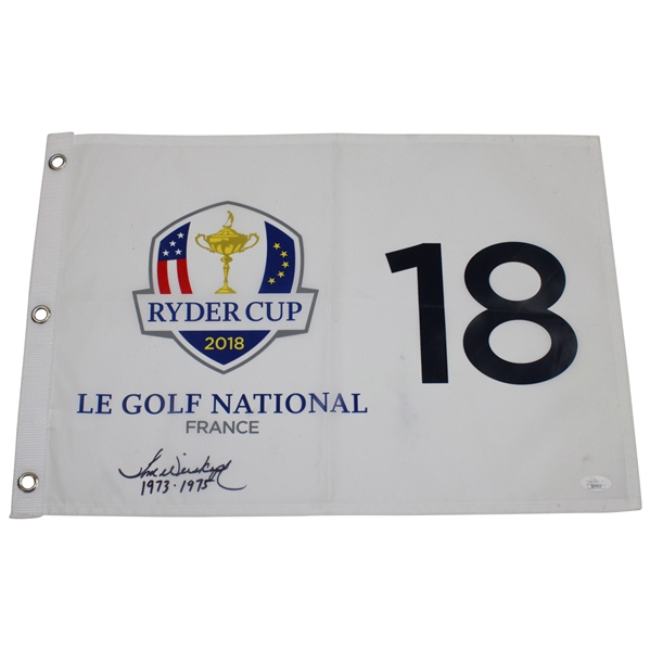 Tom Weiskopf Signed 2018 Ryder Cup at Le Golf National Flag with 73 + 75" Inscription JSA #QQ79225