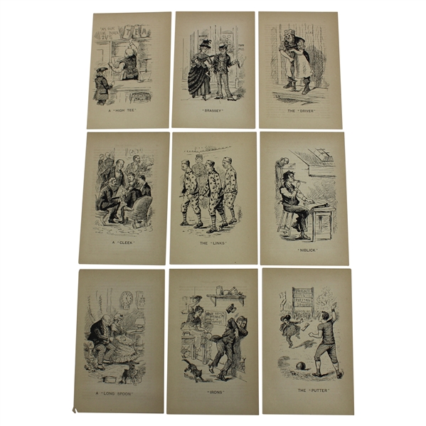 Circa 1890 Series of Nine (9) Golf Terms Comic Sketches by D. Hodson