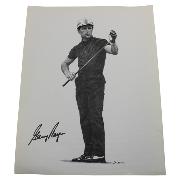 Gary Player Signed Black & White Holding Club Landsman Print JSA ALOA