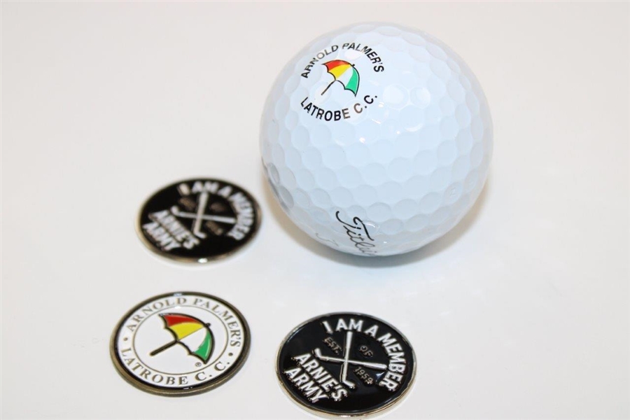 Four (4) Arnold Palmer Items -  Latrobe & 'Member of Arnie's Army'(x2) Ball Markers Plus Logo Golf Ball