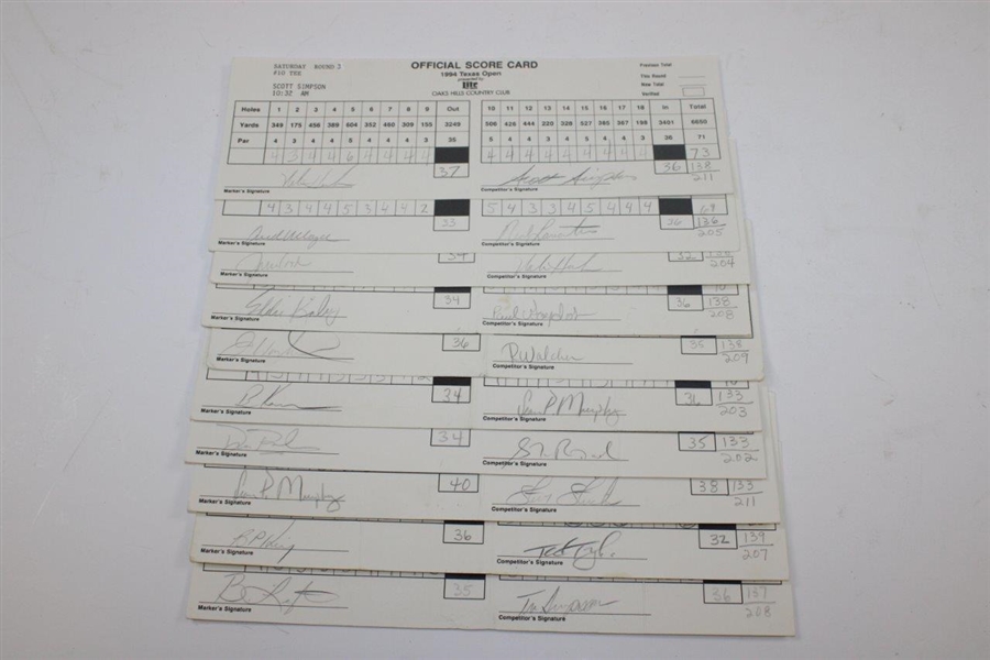 Ten (10) 1994 Texas Open Official Match Used & Signed Scorecards Inc. Major Winner Scott Simpson JSA ALOA