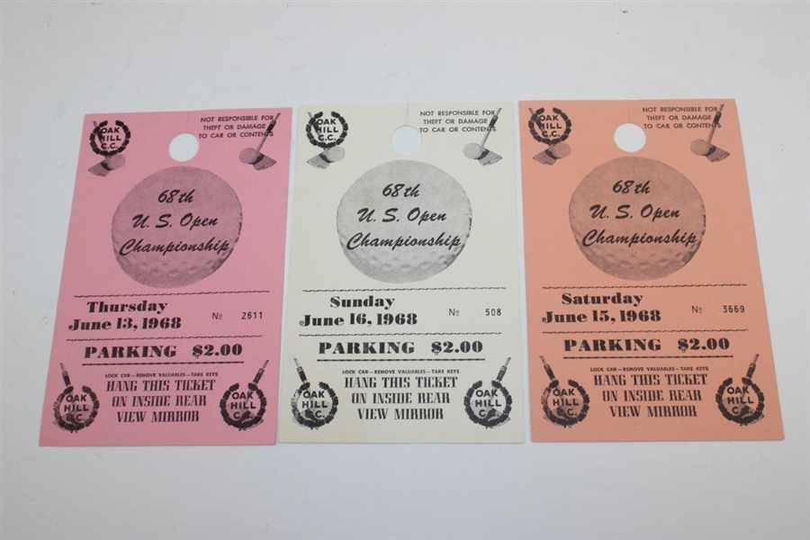 1968 US Open Oak Hill Country Club Final Rd (6/16/1968) Ticket with Three Parking Passes (Thurs., Sat., Sunday)