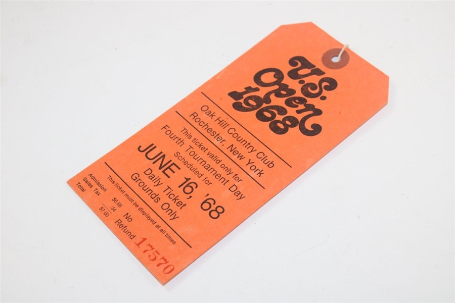 1968 US Open Oak Hill Country Club Final Rd (6/16/1968) Ticket with Three Parking Passes (Thurs., Sat., Sunday)
