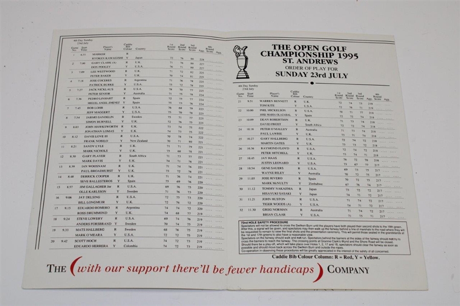 Jack Nicklaus Signed 1995 OPEN Championship at St. Andrews Sunday Order of Play JSA ALOA