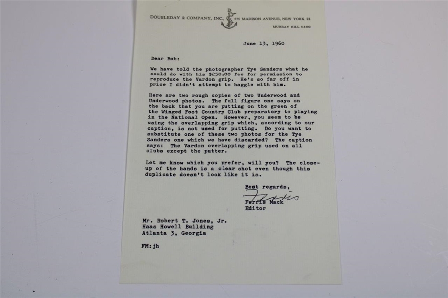 1960 Letter to Bobby Jones Concerning Vardon Overlapping Grip Photo From Ferris Mack