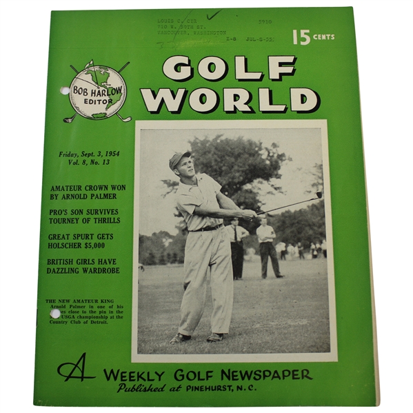 1954 Golf World Magazine with 'Amateur Crown Won by Arnold Palmer'  - Vol 8, No. 13