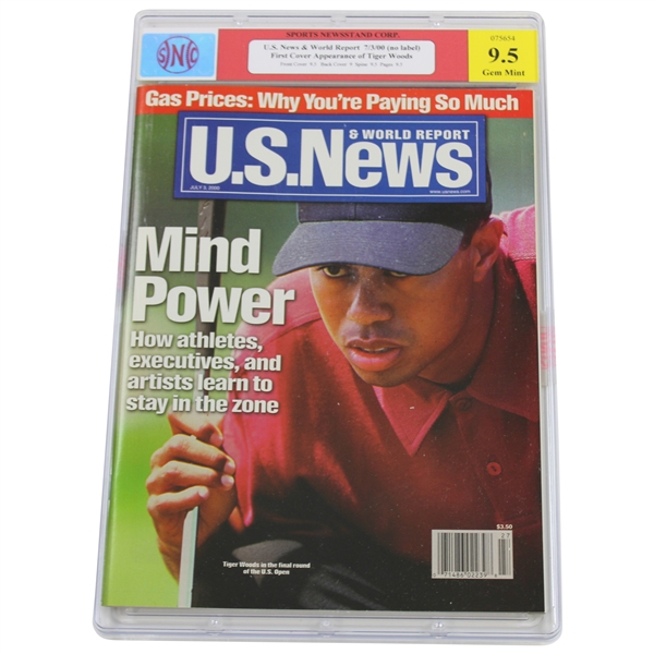 Tiger Woods 2000 US News & World 'First Cover Appearance of Tiger' No Label 7/3/00 - SNC #075654 Gem Mint 9.5