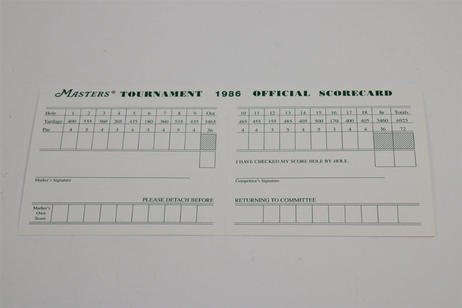 1986 Masters Tournament Official Scorecard - Unused
