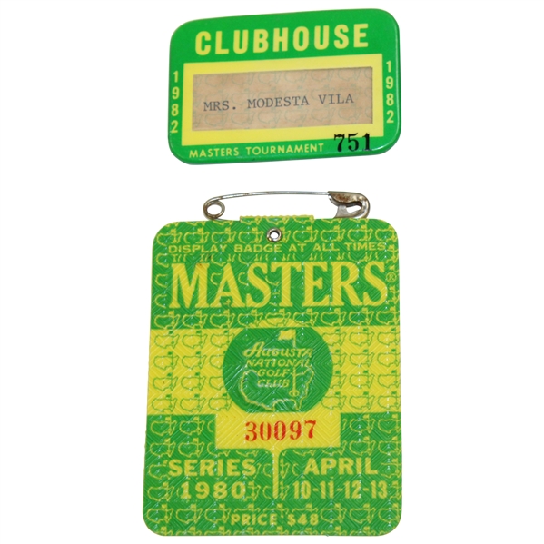 Chi-Chi Rodriguez's Personal 1980 Masters SERIES Badge #30097 with 1982 Clubhouse Badge #751