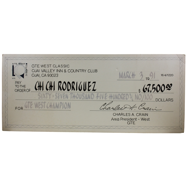 Chi-Chi Rodriguez's Personal Oversize Winner's Check from 1991 GTE West Classic for $67,500