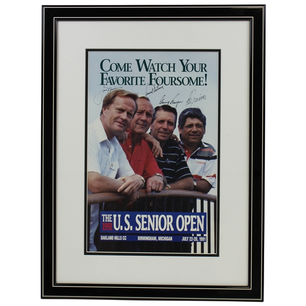 Big 3 Palmer, Nicklaus & Player Plus Trevino Signed 1991 US Senior Open at Oakland Hills Poster - Framed JSA ALOA