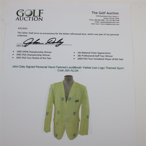 John Daly Signed Personal Hand-Tailored LoudMouth Yellow Lion Logo Themed Sport Coat JSA ALOA