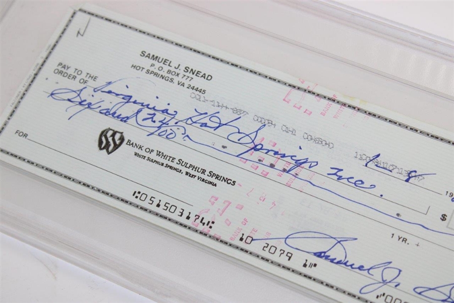 Sam Snead Signed 1/8/1987 Personal Check to Virginia Hot Springs PSA/DNA 83511533 GEM MT 10