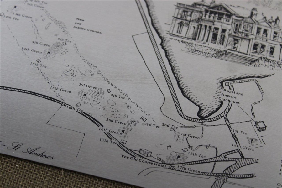Classic The Old Course St. Andrews R&A Clubhouse, Hole Names & Course Layout Stainless Steel Map - Framed