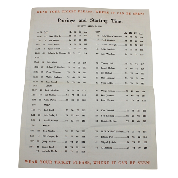 1961 Masters Tournament Official Sunday Final Rd Pairings & Starting Times Sheet