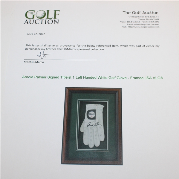 Arnold Palmer Signed Titleist 1 Left Handed White Golf Glove - Framed JSA ALOA