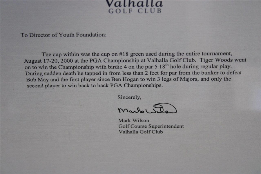 Tiger Woods’ 2000 PGA Valhalla “Tiger Slam” Tournament Used 18th Hole Cup with Letter