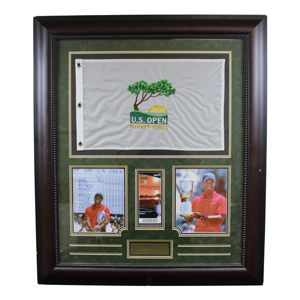 Tiger Woods 2008 US Open at Torrey Pines Flag with Tickets & Photos Display - Framed