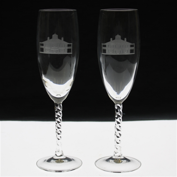 Pair of Augusta National Clubhouse Logo Flute Champagne Glasses
