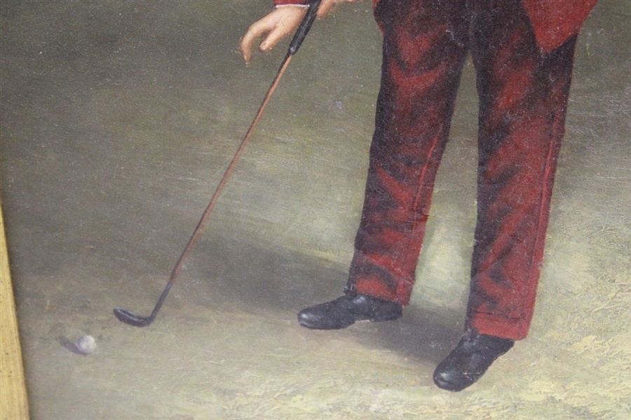 Mid-Century Painting Oil On Board Circa 1870's Golfer in Red by Talley - Framed
