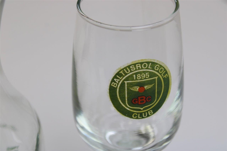 Two (2) Baltusrol Golf Club '1895' Logo Glasses & 1980 Us Open Logo Decanter