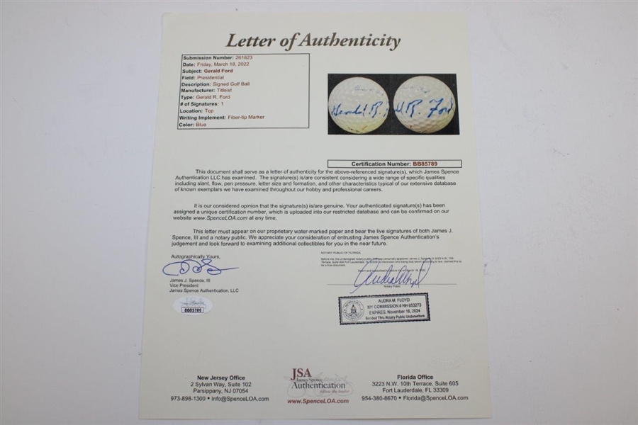 President Gerald R. Ford Signed Personal Titleist Logo Golf Ball JSA #BB85789