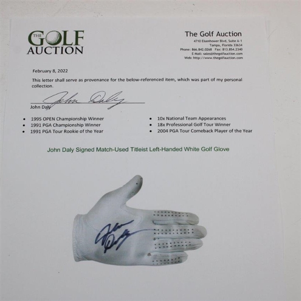 John Daly Signed Match-Used Titleist Left-Handed White Golf Glove JSA ALOA